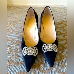 Cole Haan Black Pointed Toe Satin Formal Dress Heels with Crystal Embellishments